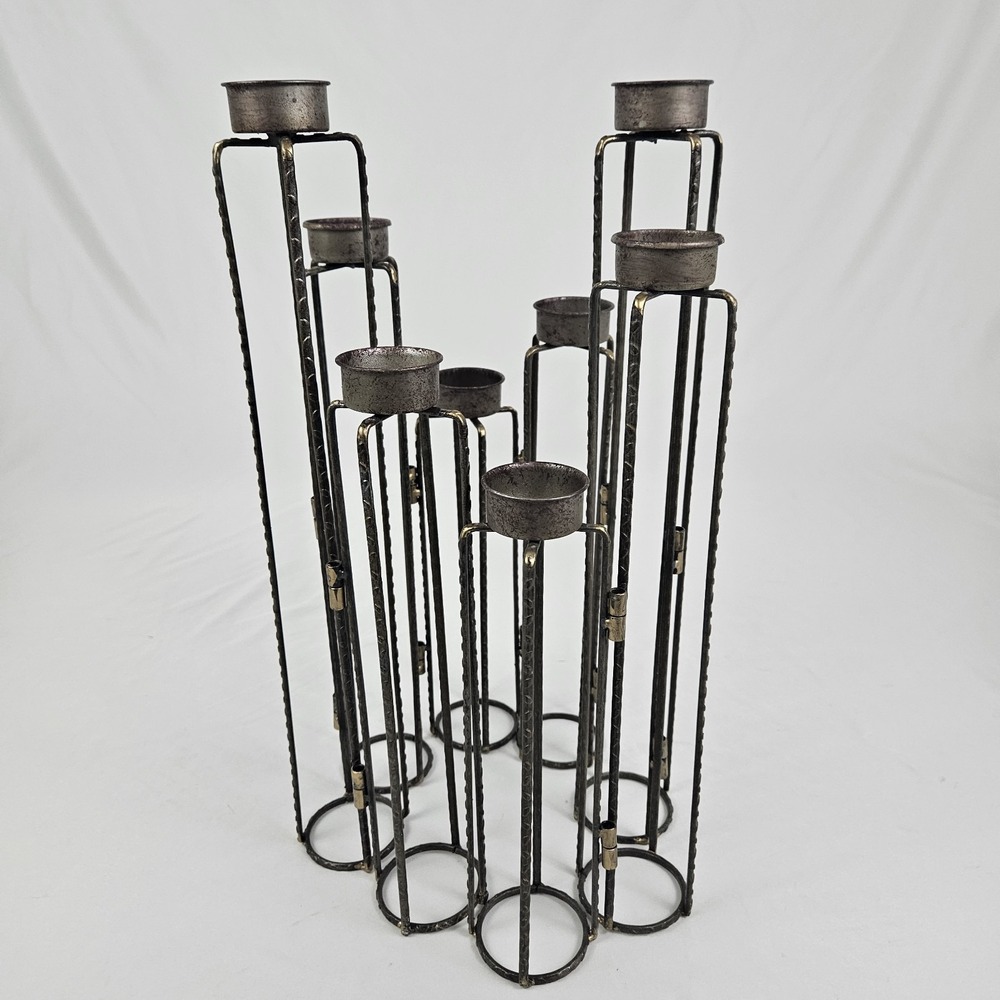 Vintage Brutalist Folding Wrought Iron Candelabra 8 Arm Tea Light Candle Holder